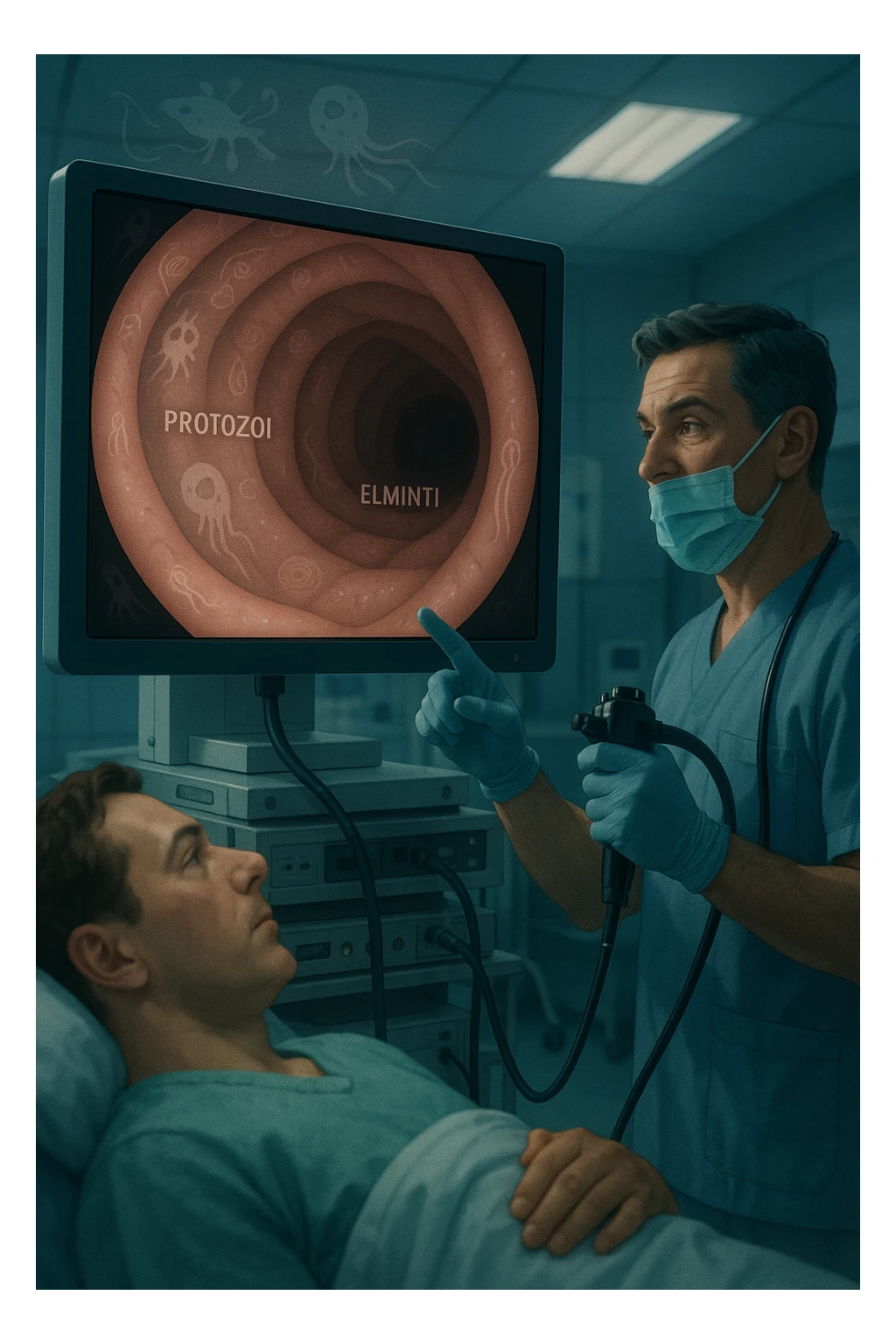 A medical cinematic illustration showing a patient undergoing a colonoscopy in a modern clinical setting. On the monitor, the endoscopic camera shows smooth, healthy-looking intestinal mucosa — clean and without evidentiary signs. But layered symbolically in the background (or faded into the intestinal wall), tiny parasitic organisms like protozoa and helminths are subtly depicted hiding between folds, or embedded deeper in tissues, undetectable by the surface-only scope. The doctor gestures with confidence, while the patient remains unaware that the test might not reveal the true underlying infection. The scene has cool clinical lighting, shallow depth of field, and realistic anatomy, overlaid with symbolic, almost ghost-like imagery of parasites in italiano sticker