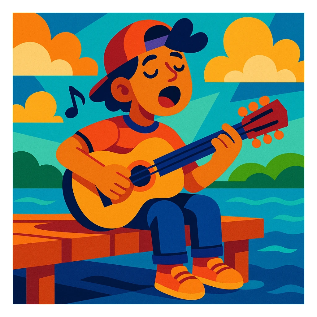 person sitting on a dock singing a song, vibrant toon style sticker
