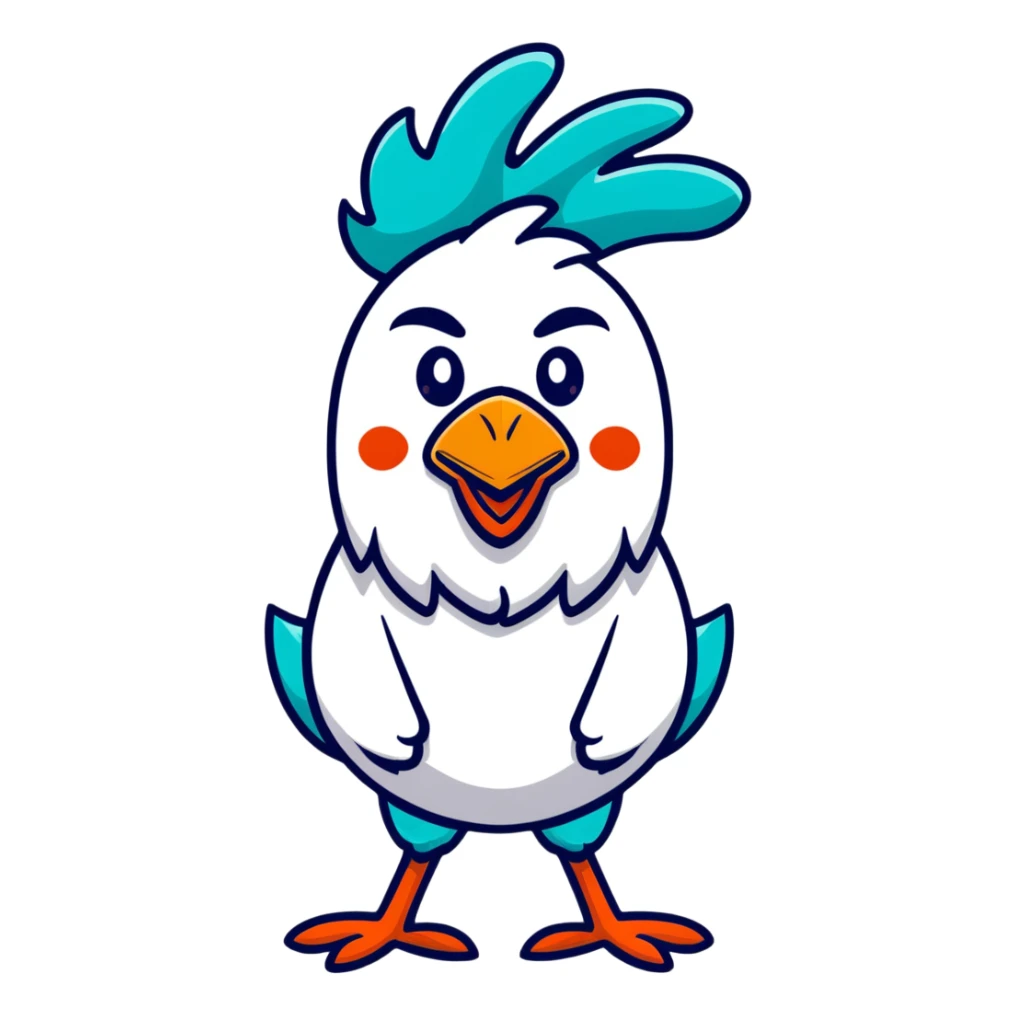 A goofy tropical rooster with teal blue feathers, big bulging eyes, tall red comb, skinny legs, comical expression sticker