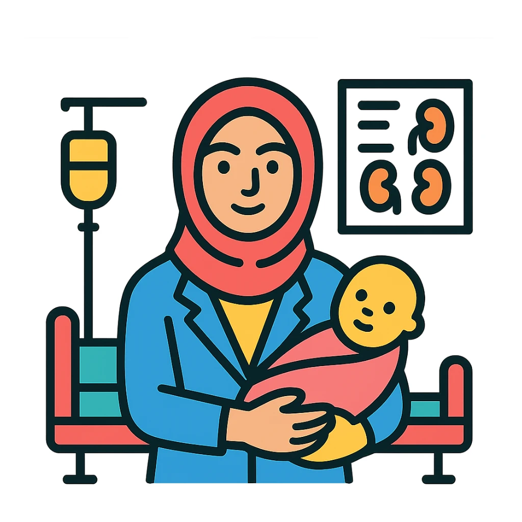 Add a baby in her arms, keep her confident pose and hospital background. sticker