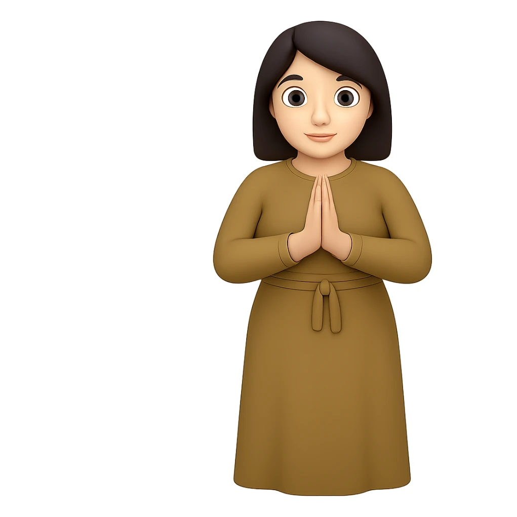 Make the woman have a normal, buxom body, standing and praying from the front view, wearing a long tan dress, with dark brown hair, in emoji style. Remove the background completely. sticker