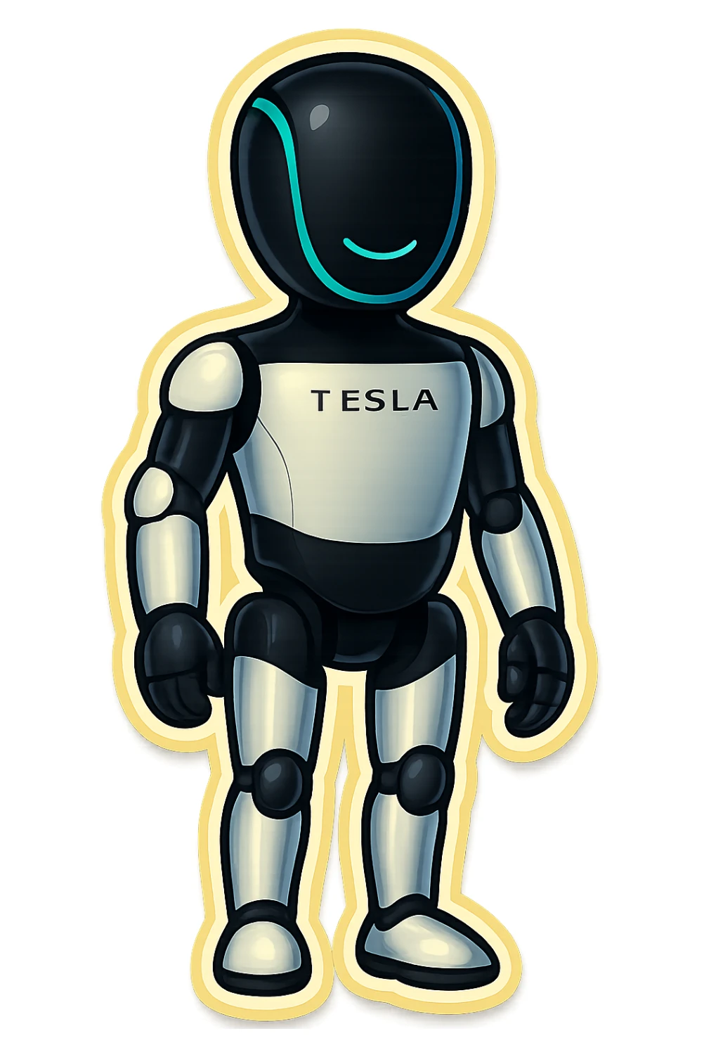 Fullbody Tesla robot emoji in arms down pose with a slight smile, same style as the reference image. sticker