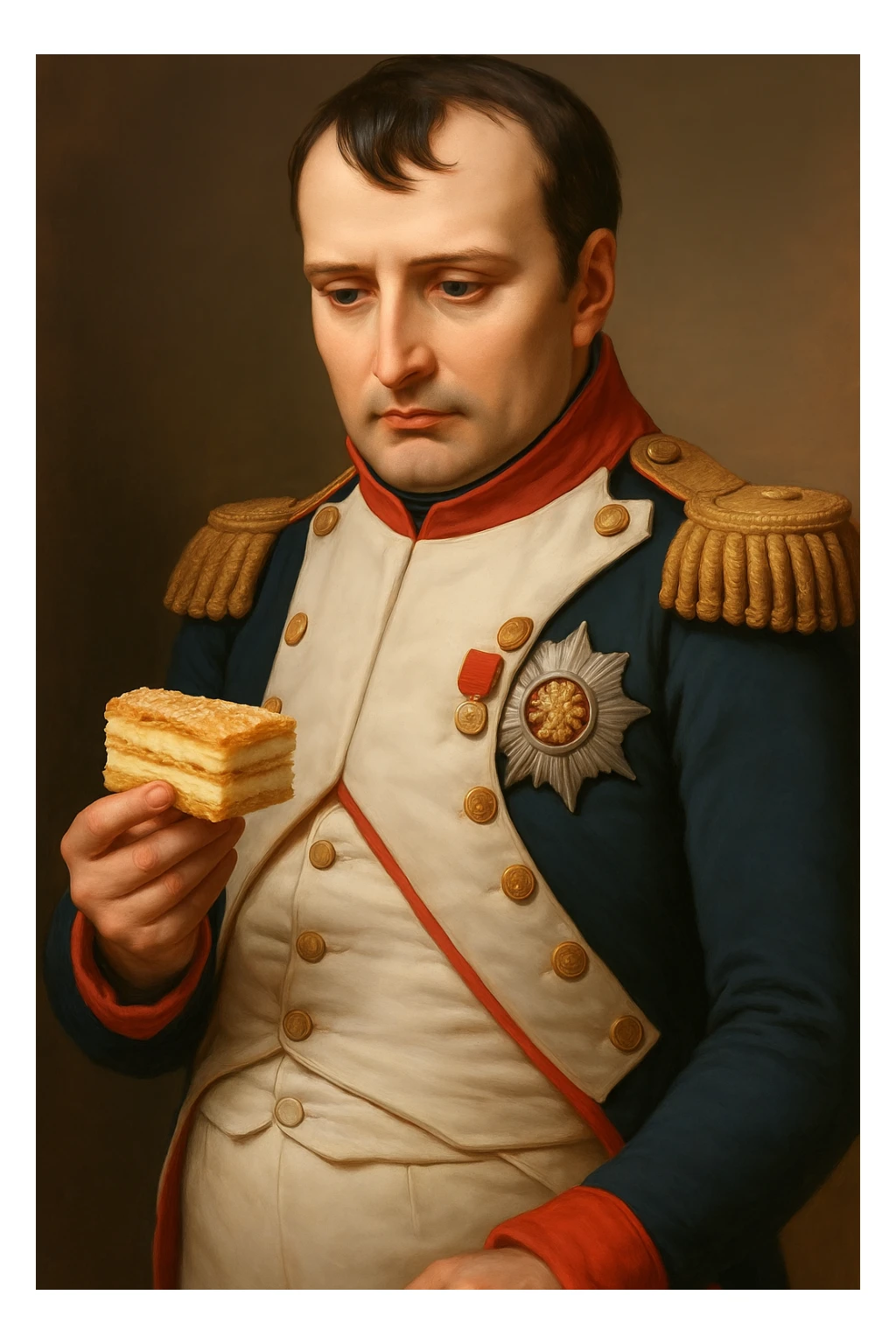 Сгенерируй мне этого наполеона, который стоит с кусочком торта наполеон, и смотрит на него sticker