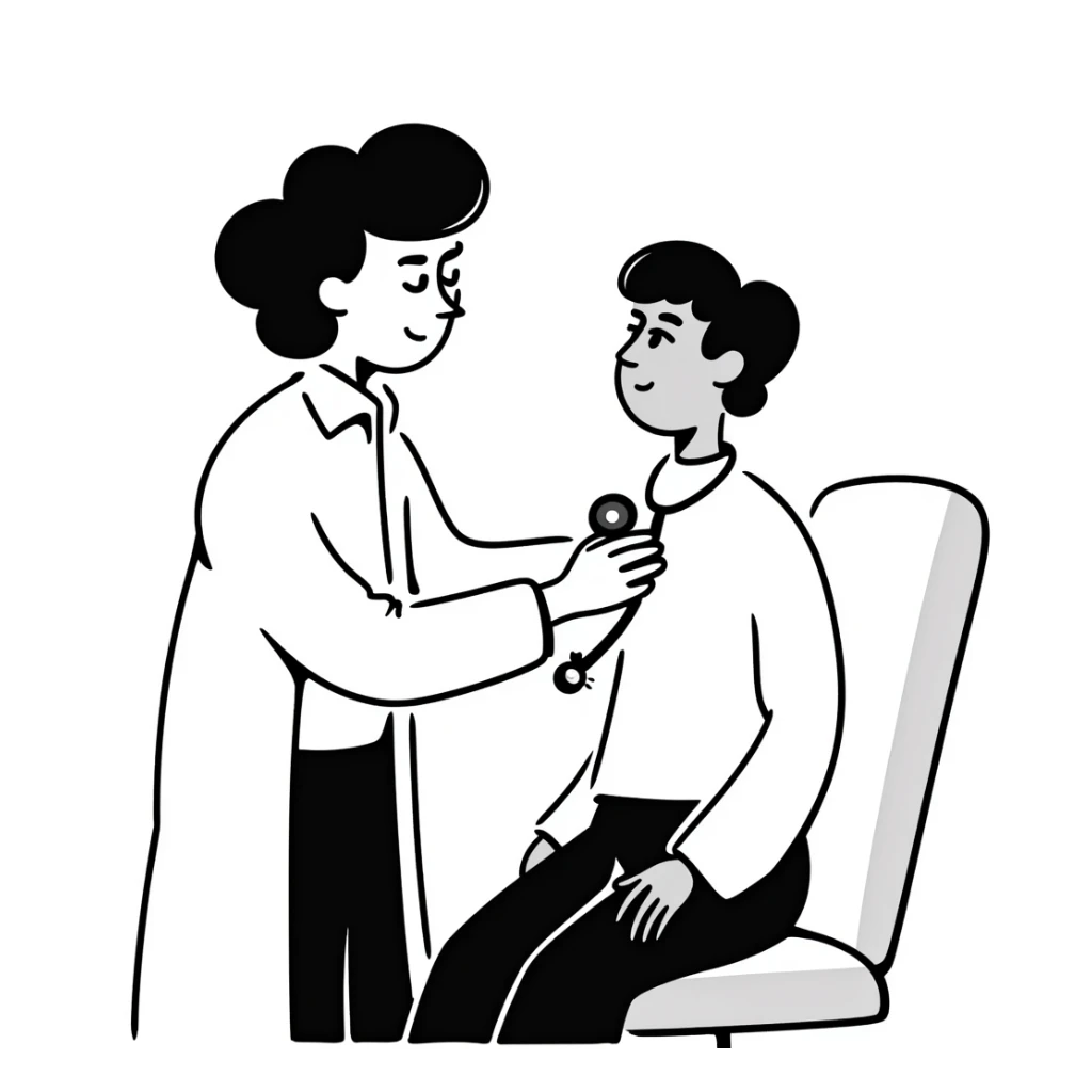 Detailed drawing of physician using stethoscope on patient's chest during cancer screening assessment sticker