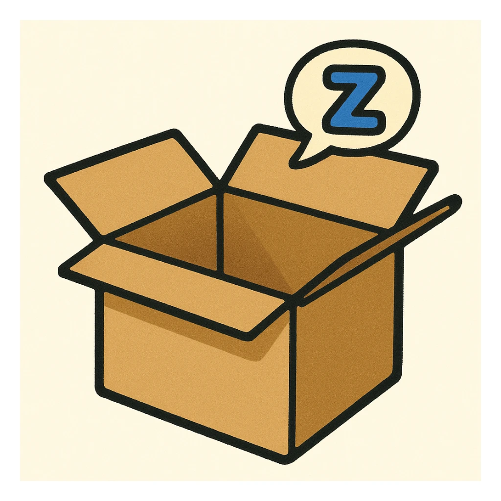remix in classic apple emoji style this image of sleeping open empty box with a tiny zzz bubble sticker