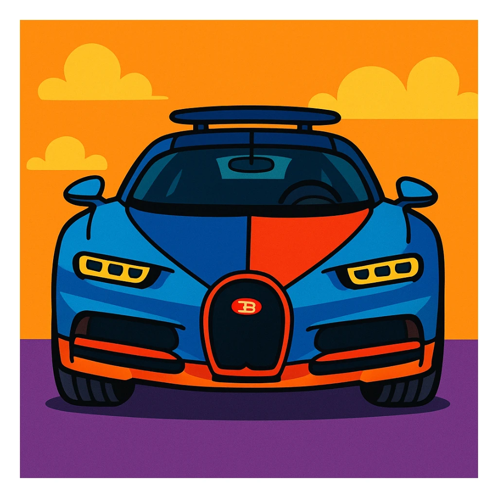 Bugatti Chiron, cartoon style, front view, exaggerated features, bright colors sticker