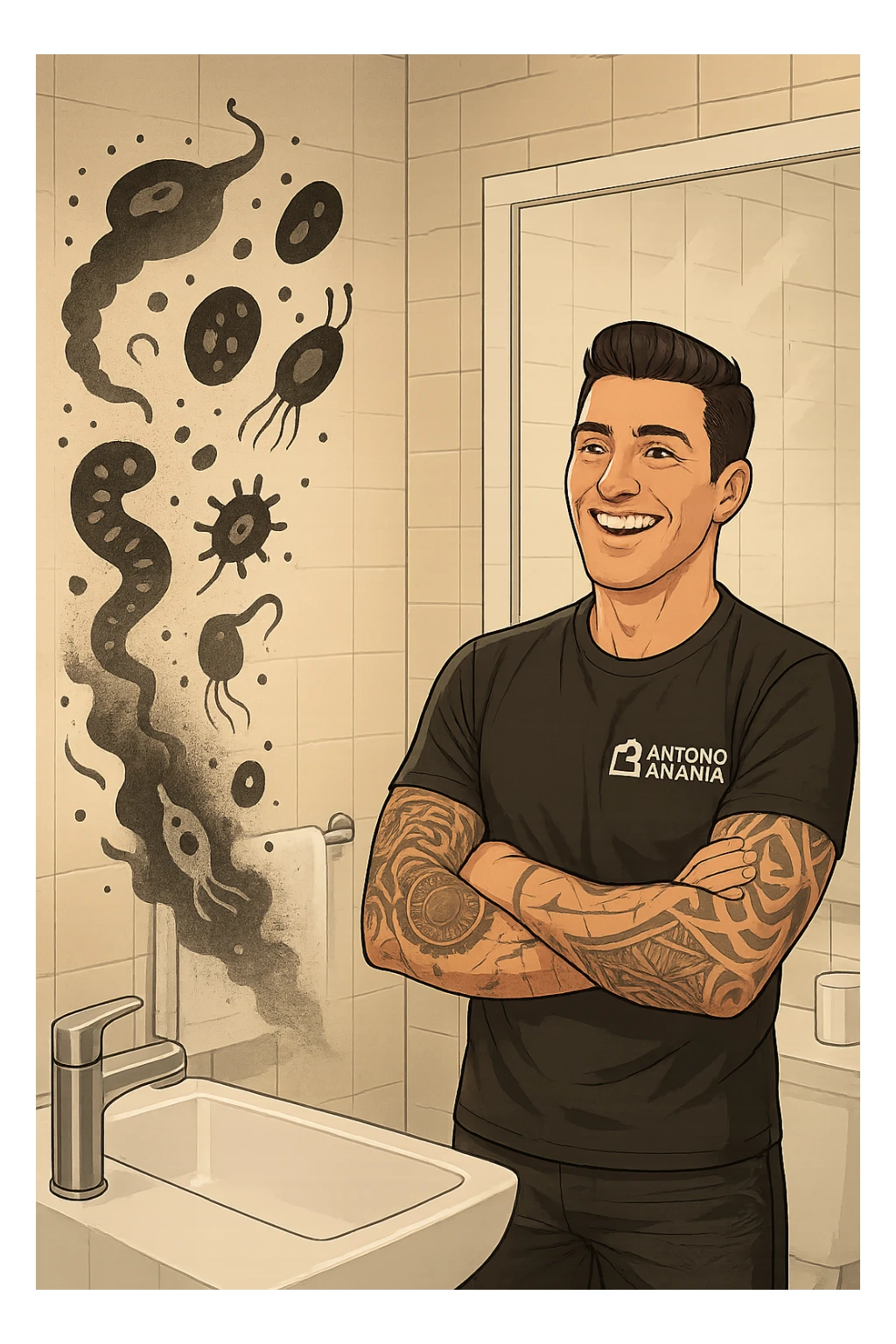 a man stands in a brightly lit bathroom, looking relieved and revitalized as he examines his reflection in the mirror. In the foreground, stylized, shadowy images of parasites (such as worms or protozoa) are shown leaving his body, dissolving into mist or fading away. His posture is upright and his expression is one of newfound energy and health. sticker