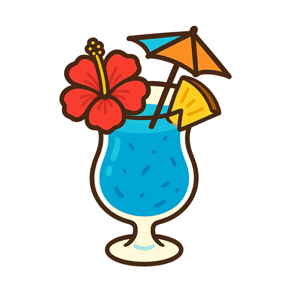 blue tropical cocktail with hibiscus, pineapple, and paper umbrella garnishes, vibrant flat toon style sticker