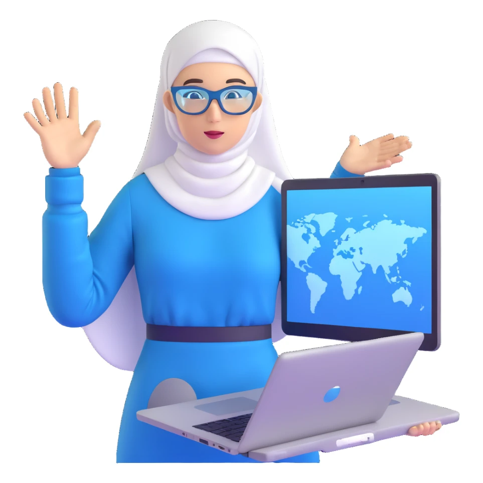 computer engineer with white hijab wearing blue outfit, presenting her metaverse creation with a large digital screen behind her displaying virtual worlds and code, laptop open in front of her showing programming interface, AR glasses, professional stance sticker