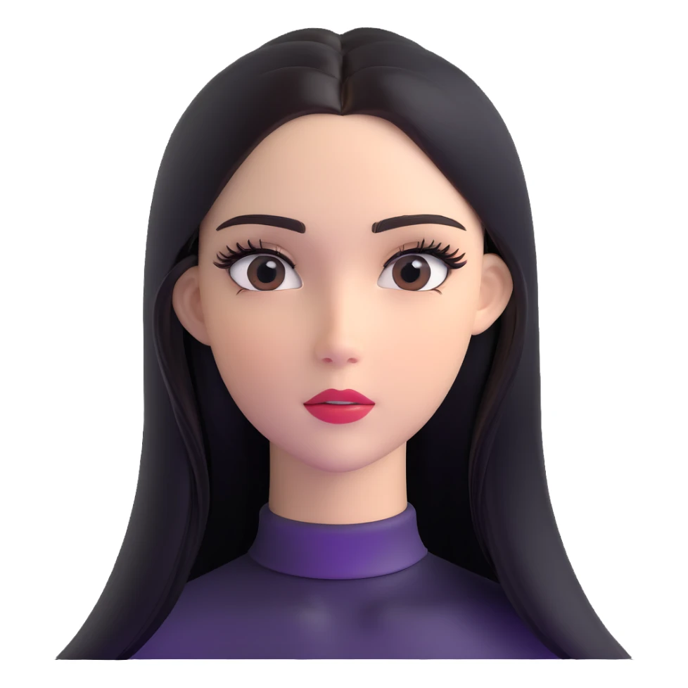 Striking character with glossy straight hair, perfect middle part, dramatic long eyelashes, and a beautiful attractive face sticker
