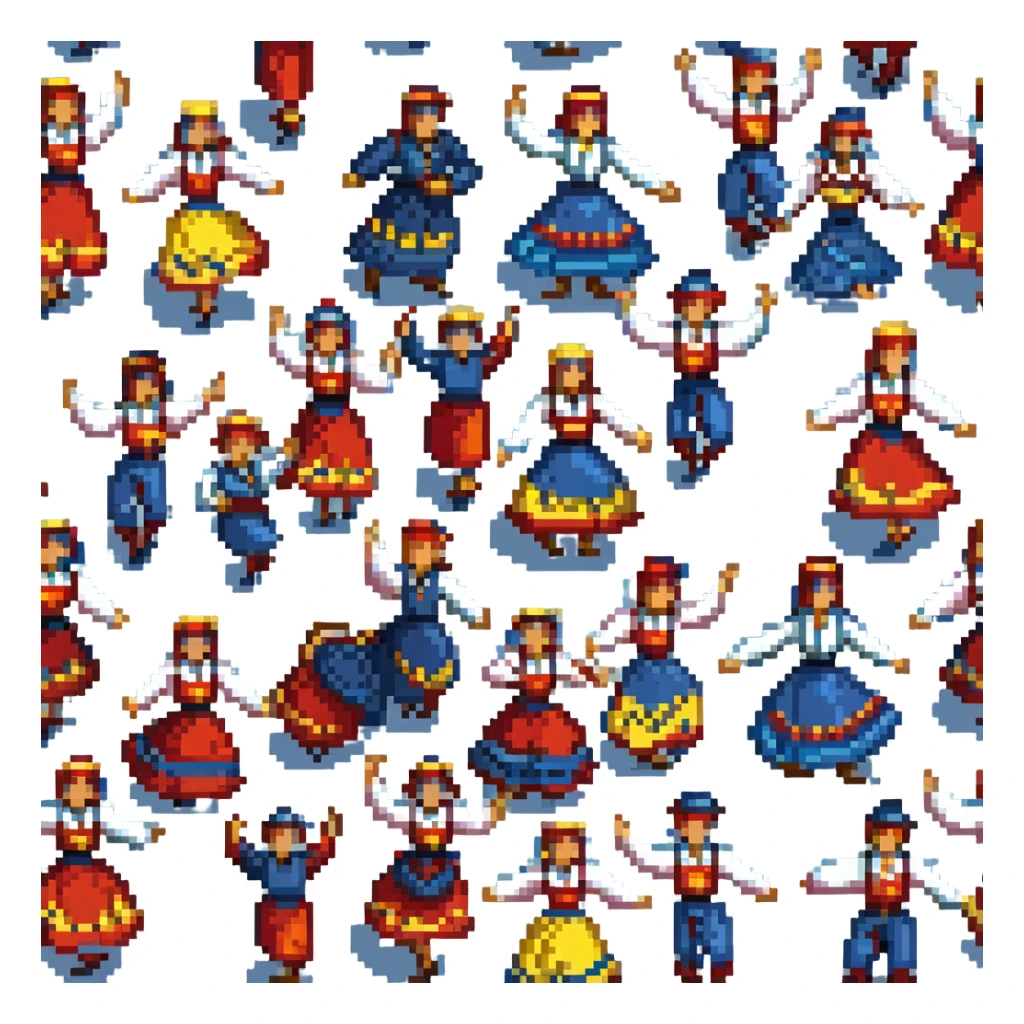 Ukrainian folk dance scene in pixel art, dynamic and lively sticker