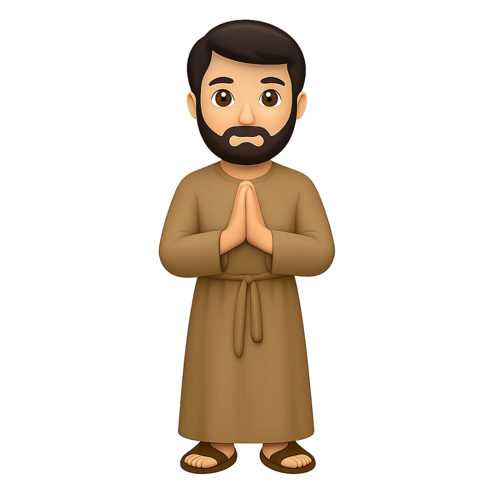 Create a full body, standing front view emoji style illustration of Saint Joseph wearing a long tan robe similar to the reference. He has dark brown hair and a beard. The style should be consistent with emoji style and the background should be removed. Produce new variations similar to previous results. sticker