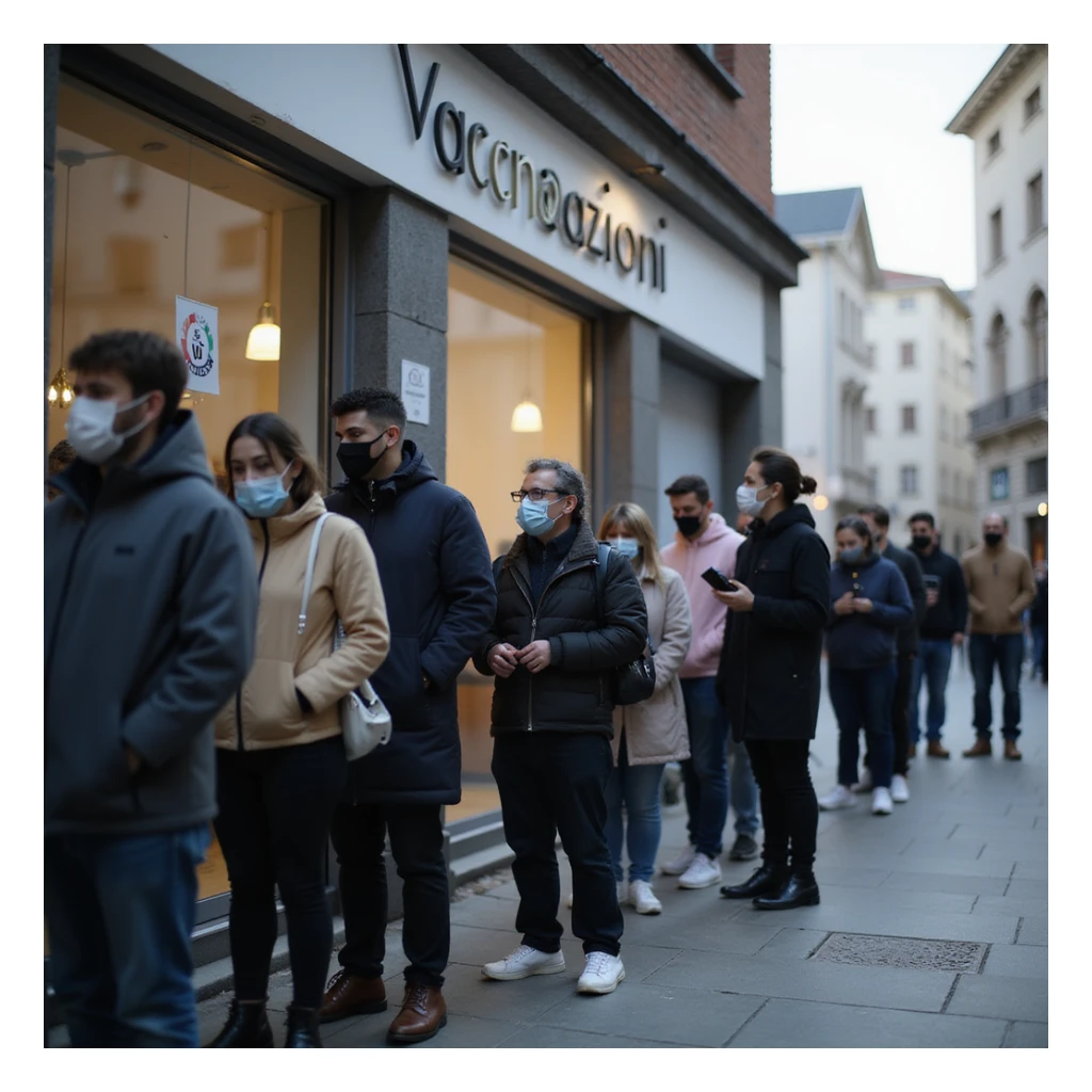 photo-realistic documentary style, diverse group of people in line outside a modern vaccination center, some masked, some talking quietly, clear 'Vaccinazioni' sign, urban setting, soft daylight, 4K resolution sticker