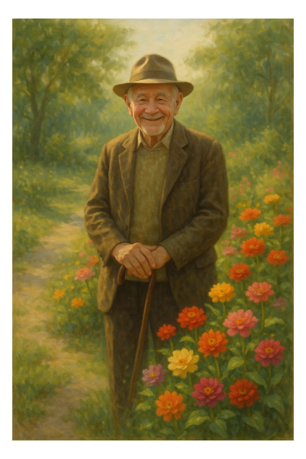 old man with a cane, smiling, wearing a hat, standing near flowers, peaceful atmosphere sticker