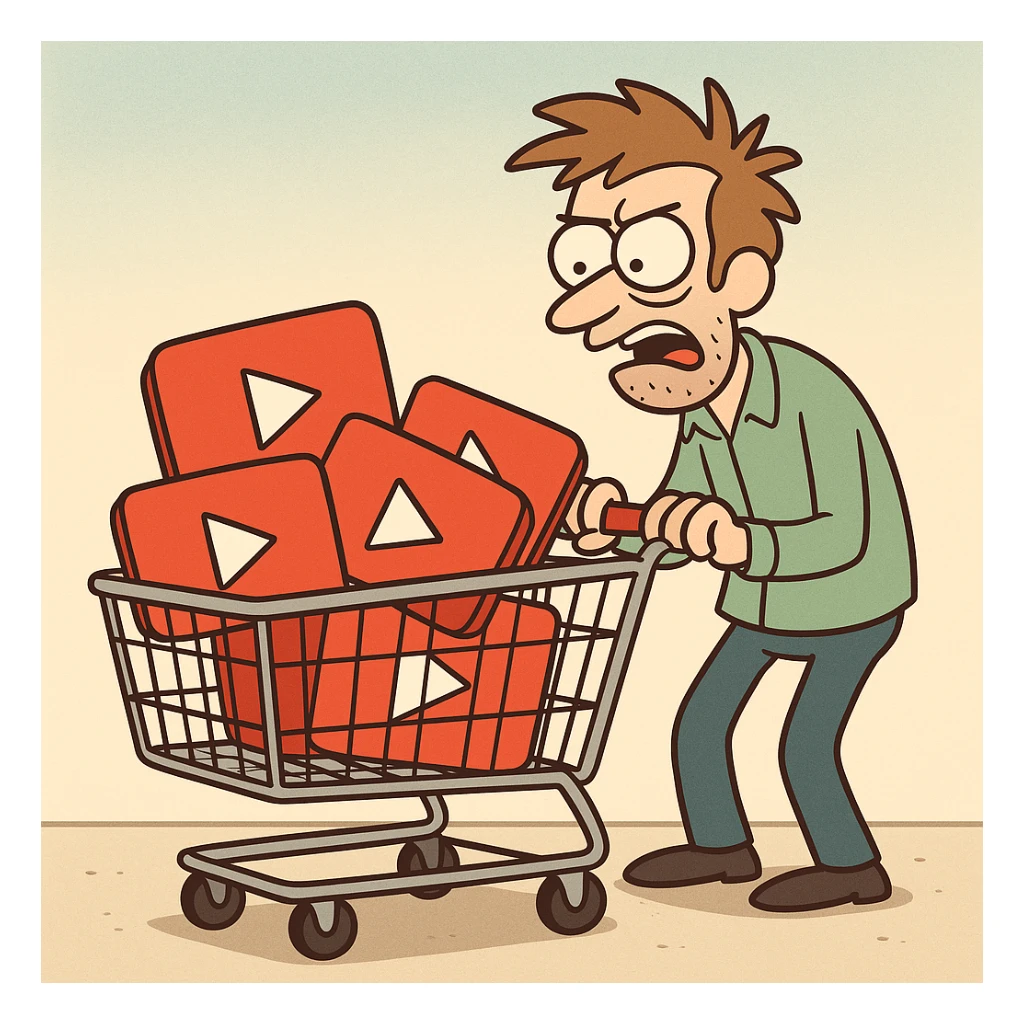 shopping cart with video player icons inside, flat toon style sticker