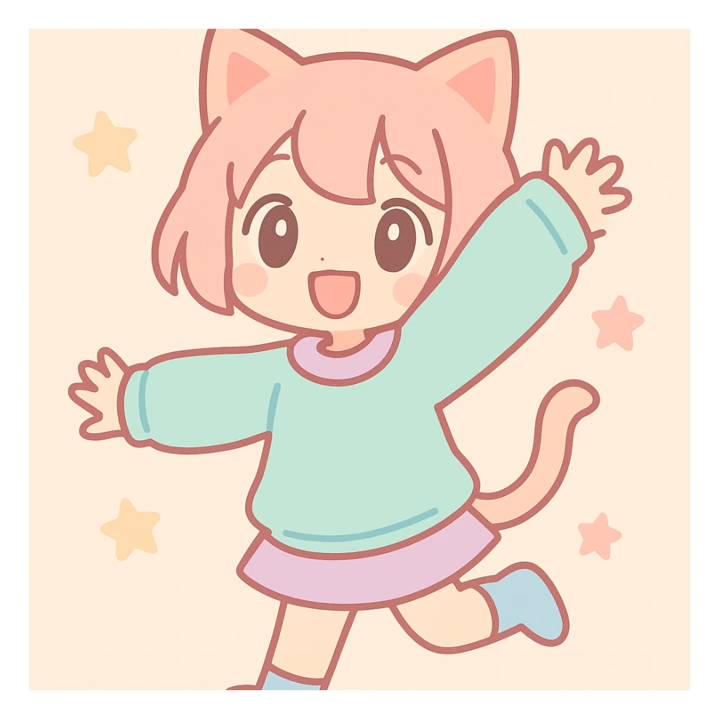 cute anime cat girl, short hair, energetic pose, oversized sweater, bright eyes, playful vibe sticker