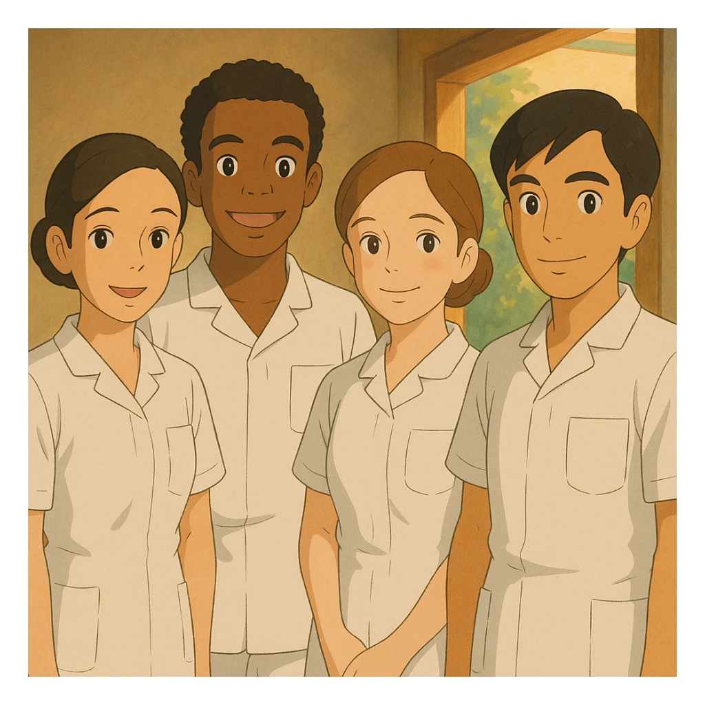 Group of four nursing students, Ghibli style, wearing short-sleeved white uniforms with V-neck collars, left chest pockets, no stand-up collars, no stethoscopes, clean sleeves. Characters inspired by four provided faces. sticker