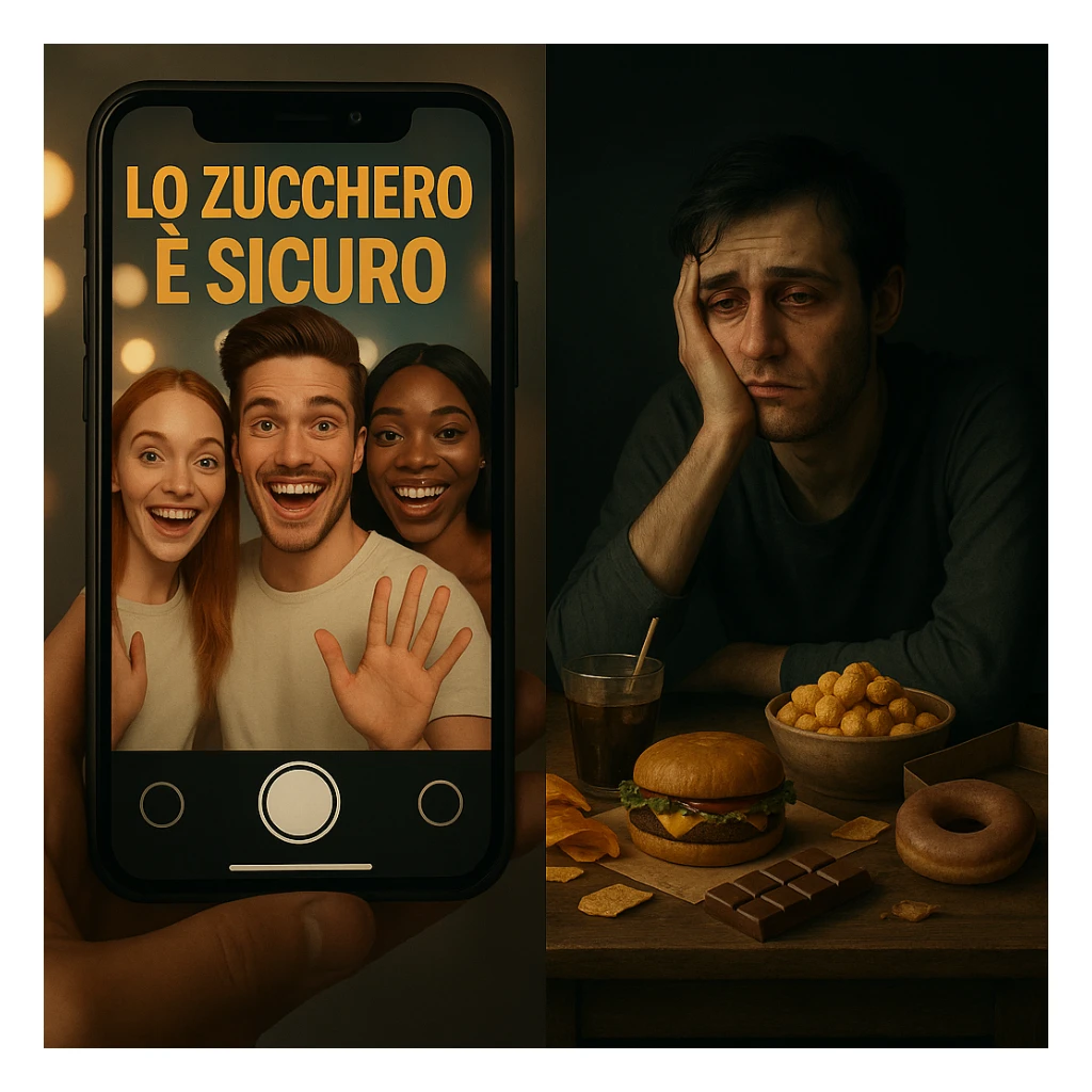 Symbolic split-screen scene: on the social influencer side, cheerful and energetic people say sugar is safe, vivid lights, Italian text 'LO ZUCCHERO È SICURO'; opposite side, a real person with signs of inflammation and fatigue surrounded by junk food, dark environment. Contrast between misinformation and reality, 4K quality. sticker