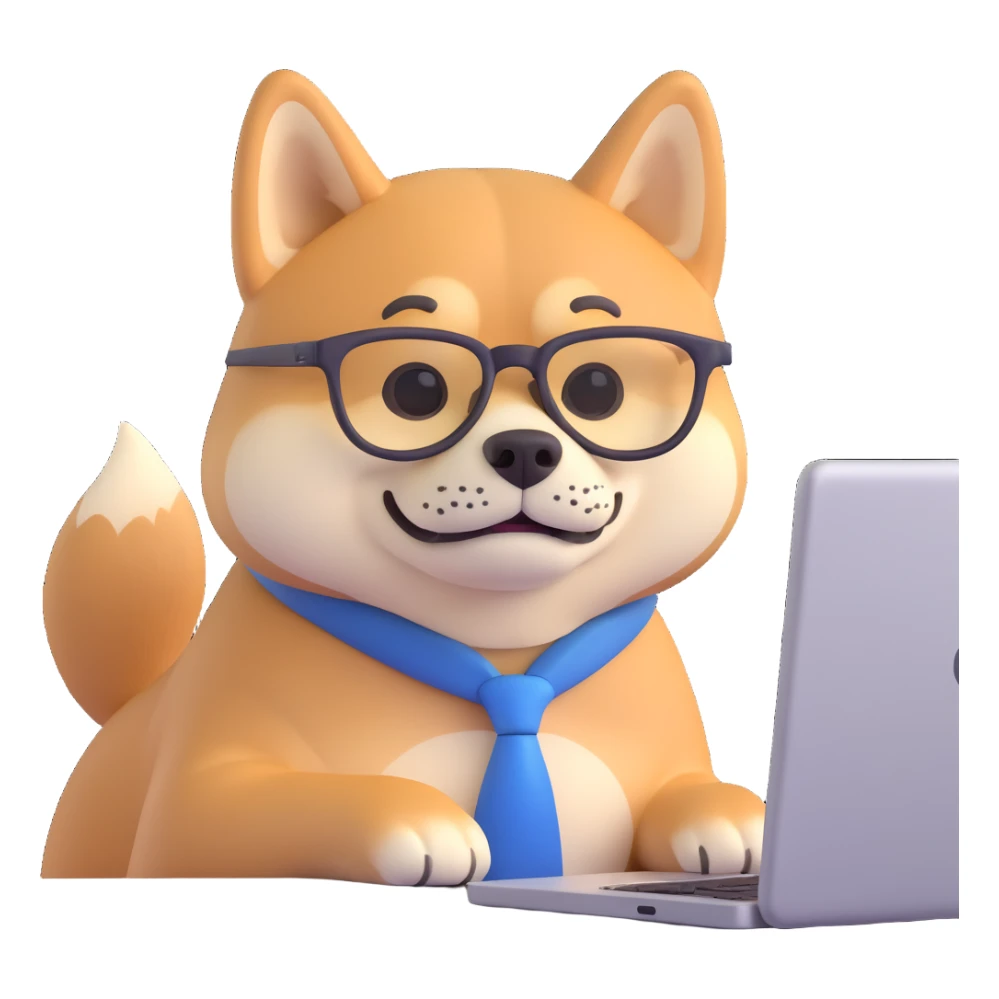shiba inu with eye glasses and computer sticker