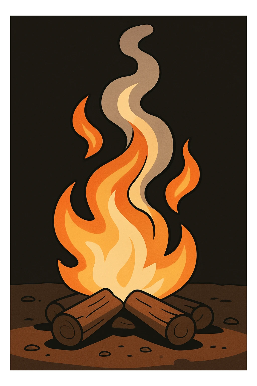 Add a dark background behind the campfire, keep the upward smoke and flames with a mesmerizing swirling effect, no people, uncluttered and easy to recognize. sticker
