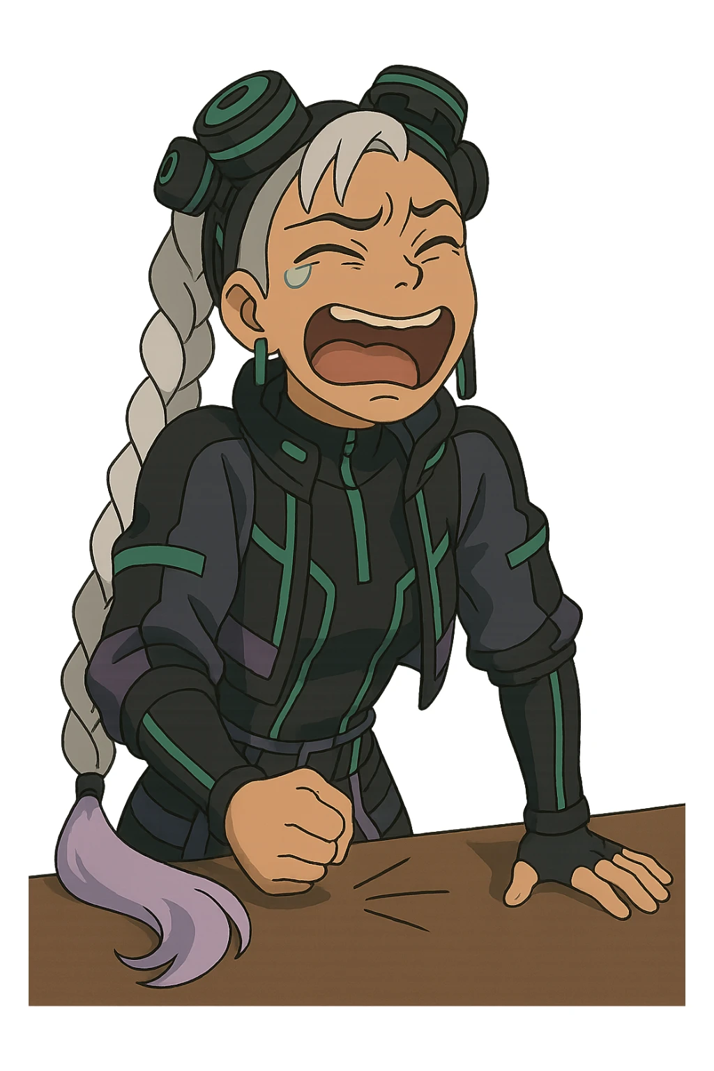 1 female, single long white braid with lavender tips. Cybergoth futurepunk, crying from laughter, pounding her fist on a table, “wheeze emoji” facial expression, hilarious  sticker