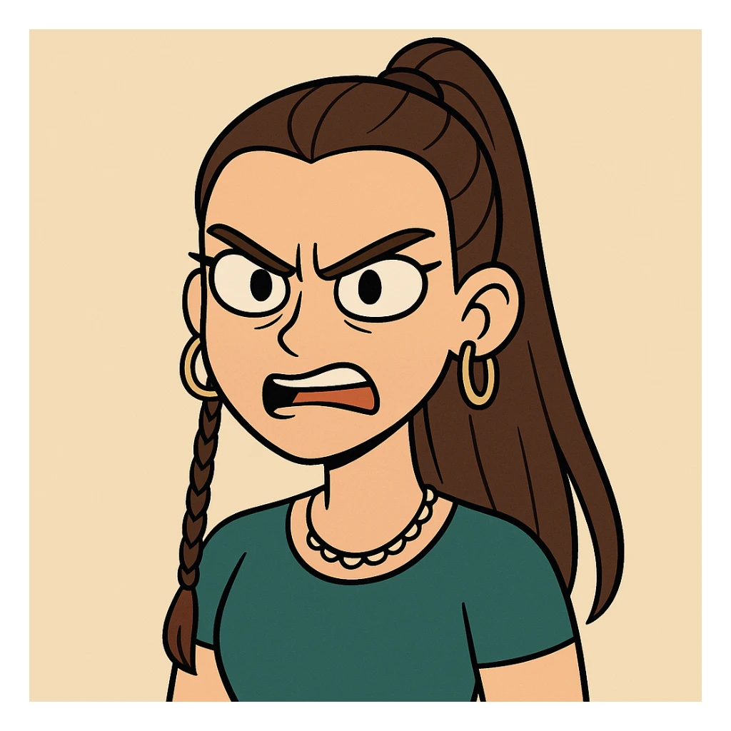Create a cute and lively cartoon style face with an angry expression, keeping her unique features and hairstyle from the reference image. sticker