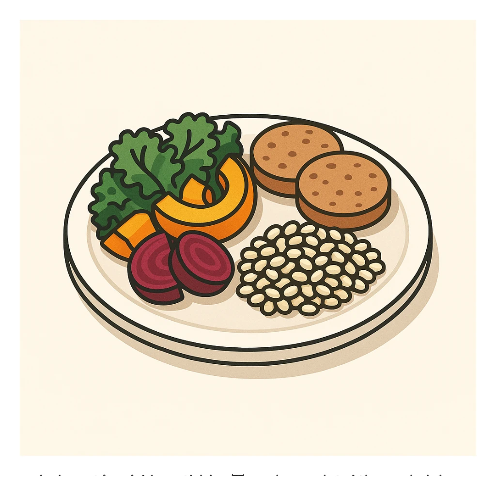 Harvard plate, half with kale, roasted pumpkin, and beets, one quarter with lentil patties protein, one quarter with barley complex carbs, 2D isometric illustration style sticker