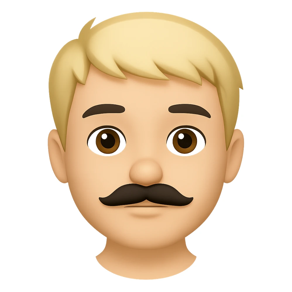 Make the mustache smaller, keep short messy blond hair, emoji style, preserve transparent background, neutral expression. The style should resemble apple style emojis with concise prompt focus. sticker
