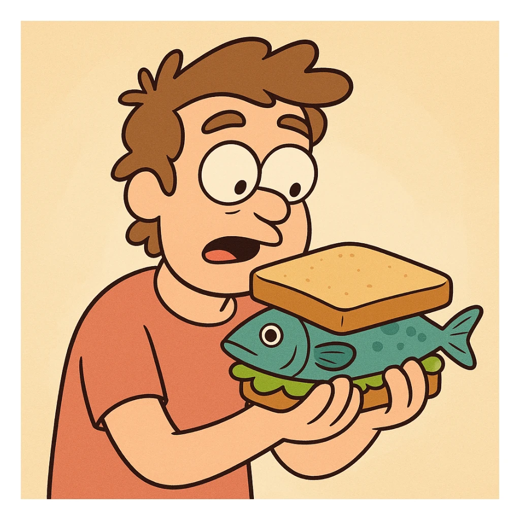 soft cartoon style sandwich with bread and fish, bright colors sticker