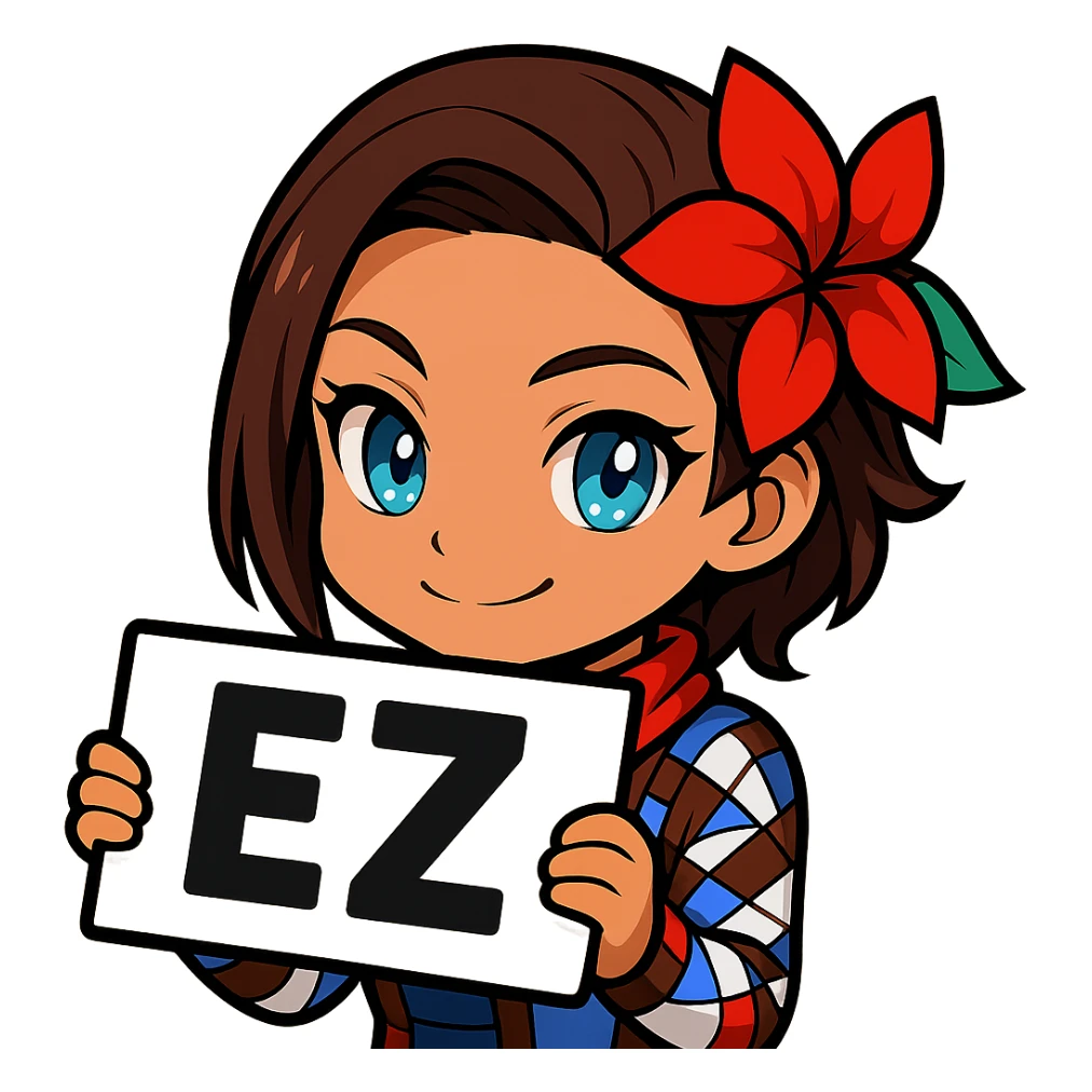 Azucena from Tekken 8 in chibi sticker style, holding a sign that says 'EZ', playful expression, designed for Twitch emote use sticker