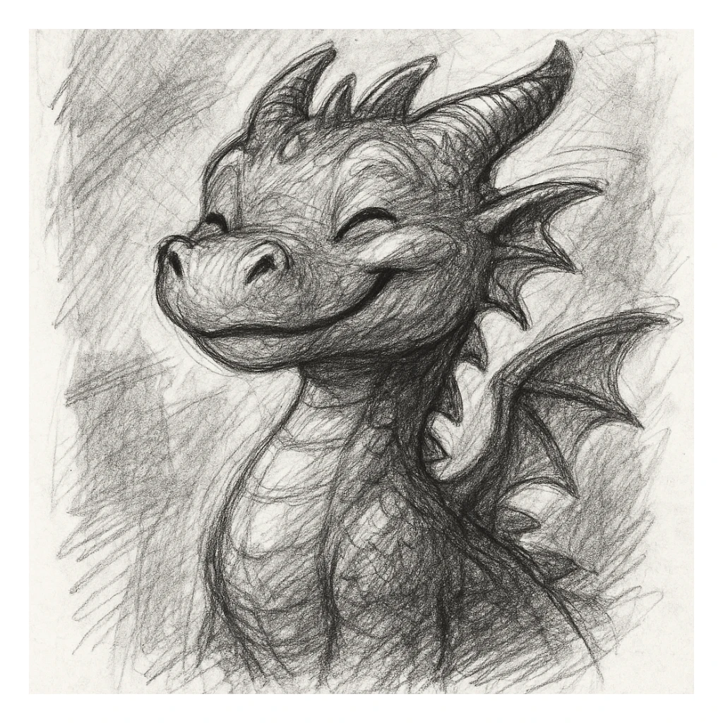 a cute dragon smiling, pencil sketch style sticker