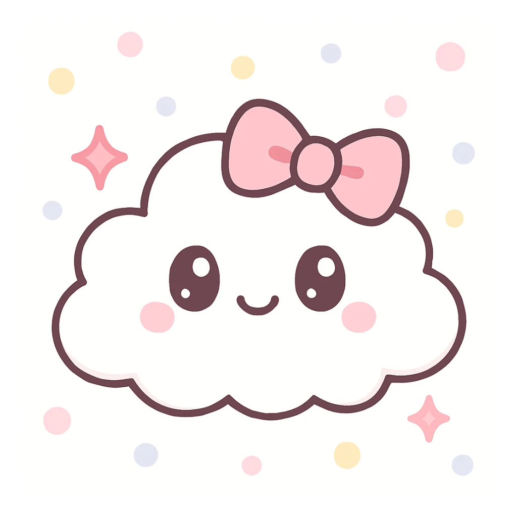 a fluffy white cloud with a pink bow and sparkles, girly charming appearance, pastel colors sticker
