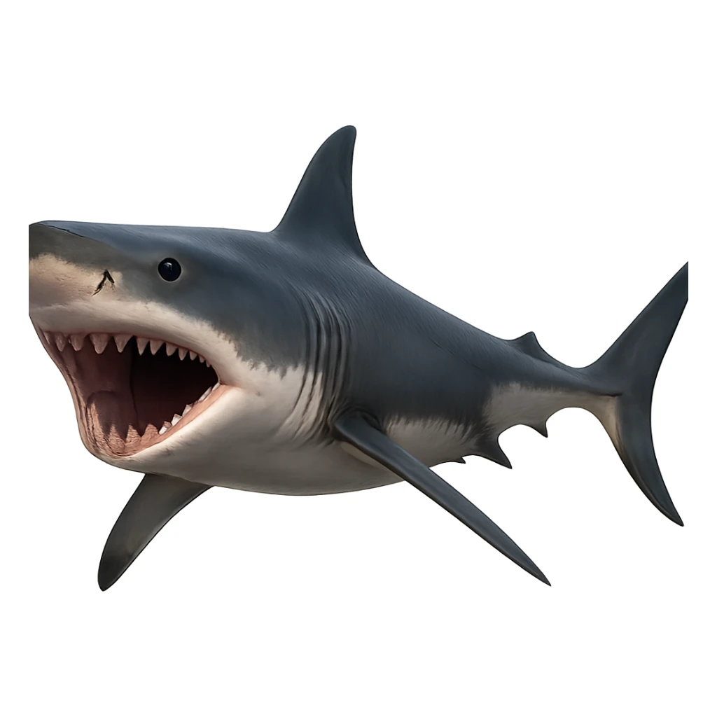 Edit the gray shark emoji with mouth open in a realistic style. Remove legs and sneakers, keep only the shark. Match the gray color from the reference images. sticker