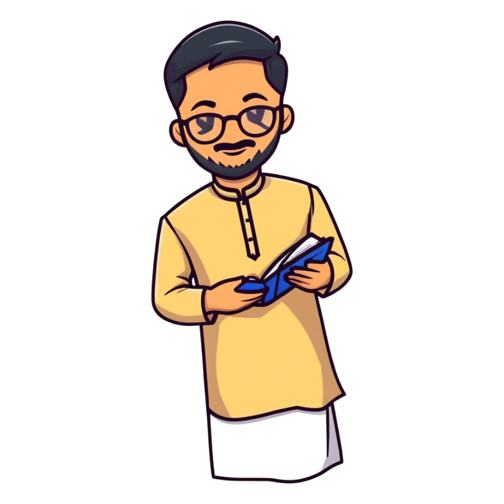 man with wheatish skin tone, wearing kurta with rectangle glasses sticker