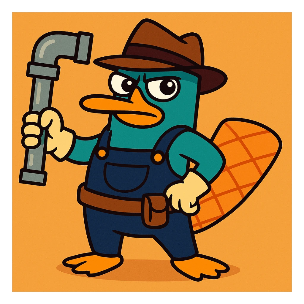 Perry the Platypus as a plumber, teal platypus, brown fedora, plumber's hat and gloves, holding pipe, cute and fun, vibrant toon sticker