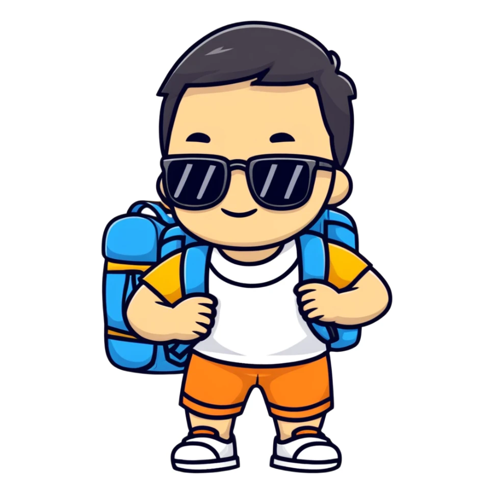 Asian tourist with backpack taking photos, sunglasses sticker