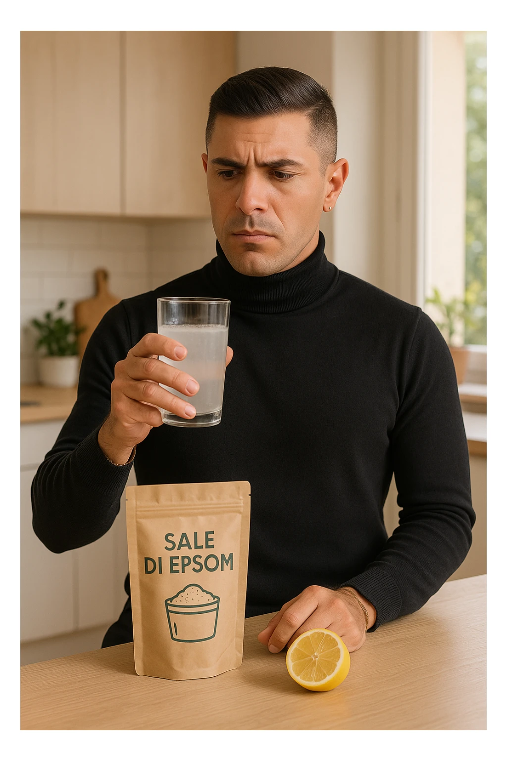 A realistic, bright photo-style image of a young man in his 30s standing in his kitchen, holding a clear glass filled with water in which Epsom salt (magnesium sulfate) has been dissolved. He looks focused but slightly uncertain as he prepares to drink it for a liver flush or digestive cleanse. The glass shows slight cloudiness from the dissolved salt. On the counter are a packet labeled 'Sale di Epsom' and a sliced lemon, suggesting he might use it to mask the taste. The setting is clean, natural, and bright with neutral tones. The background shows sunlight streaming through a window, emphasizing a clean, minimalist health-focused environment. The mood conveys a realistic, calm moment of self-care with a hint of discomfort, illustrating a natural detox practice in italiano sticker