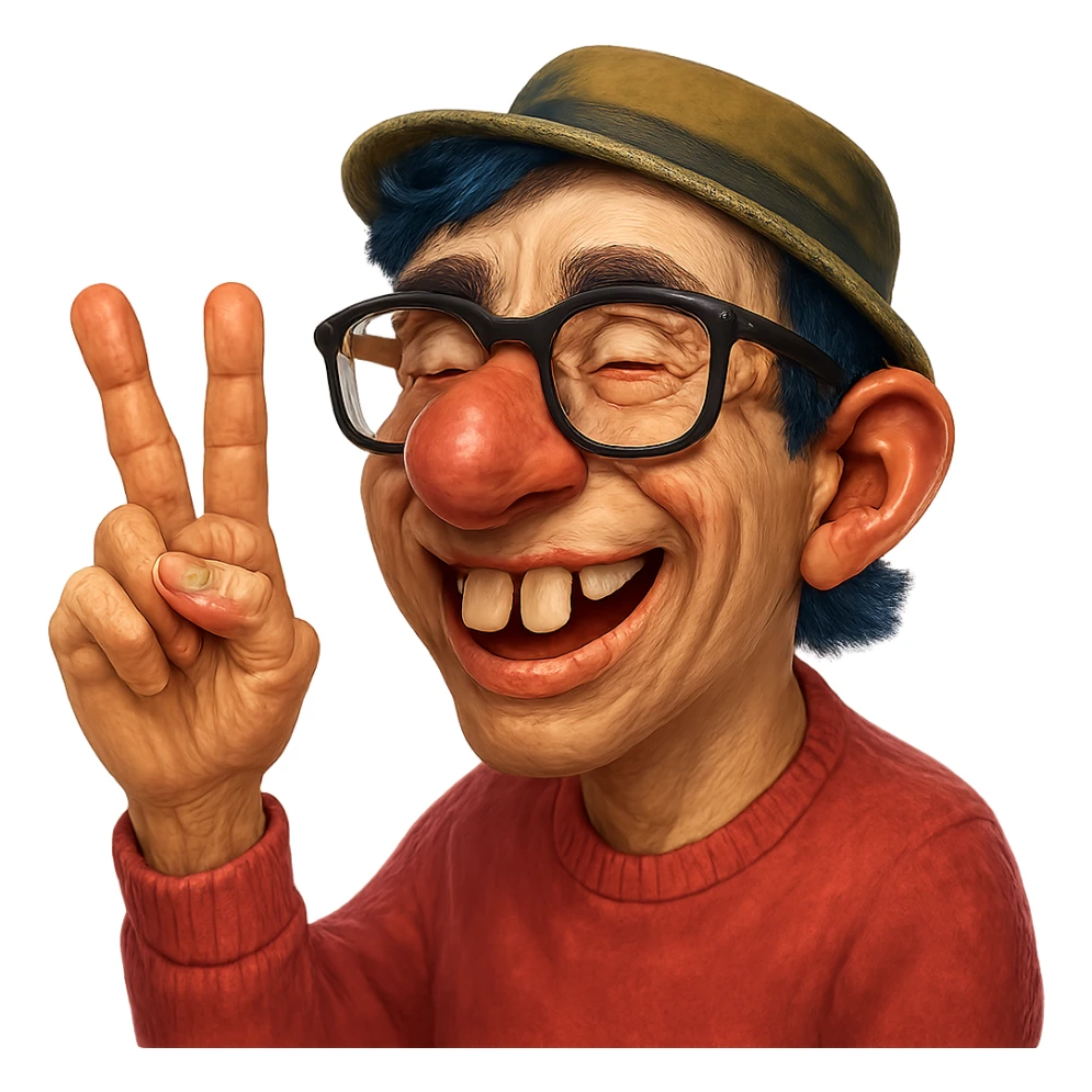 Make this character look like a nerd with an even bigger nose, buck teeth, glasses, and more realistic features. Keep the hand visible. Style should be semi-realistic, nerdy, expressive, with no background. sticker
