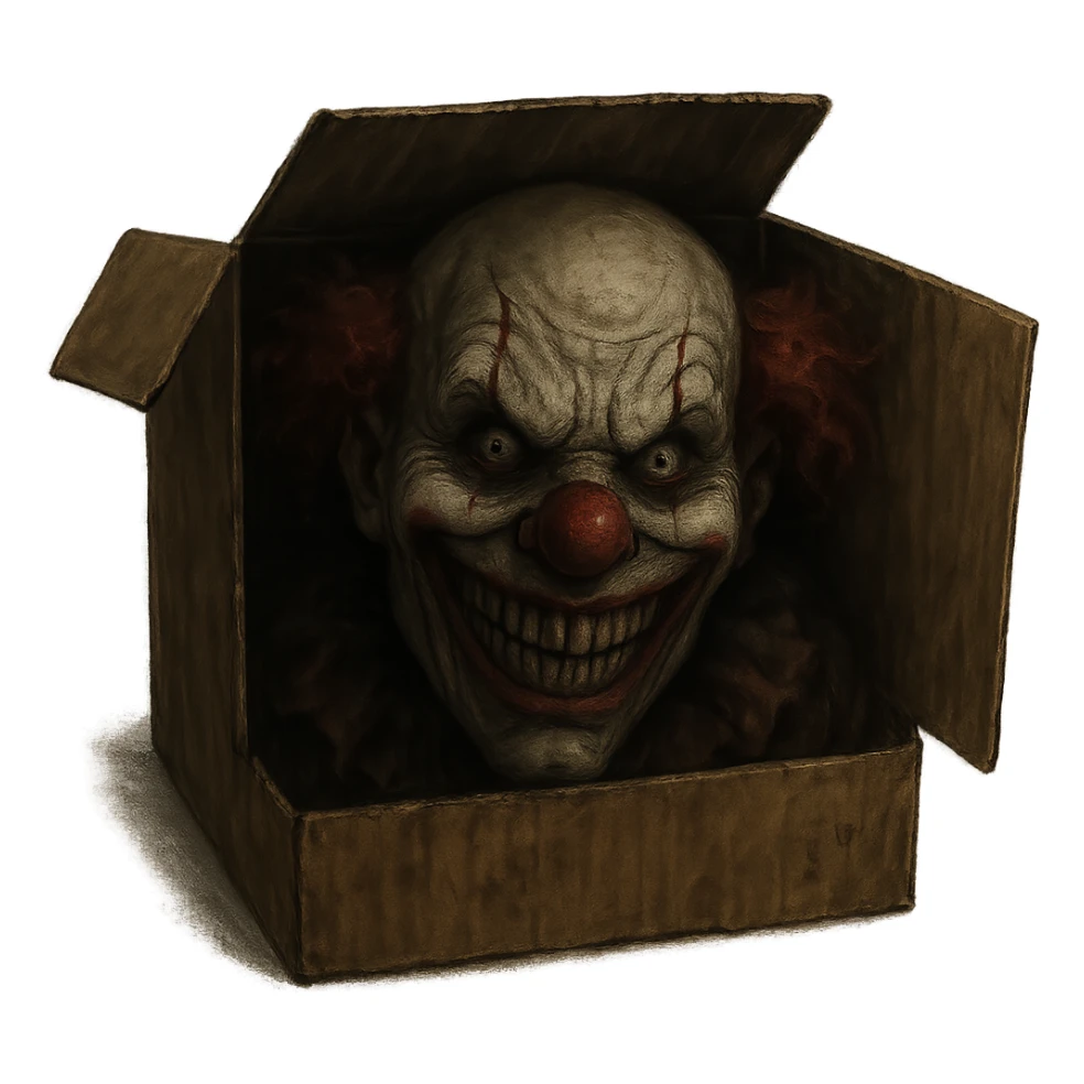 disturbing clown face visible from inside a shipping box, unsettling smile, horror style sticker