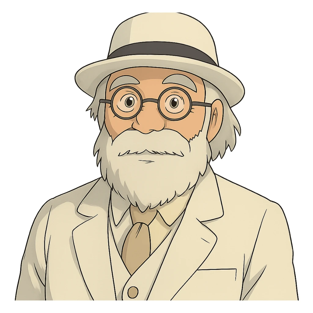 old man with a white hat, slightly long white beard, white moustache, round glasses, white suit, white longish hair, ghibli style sticker
