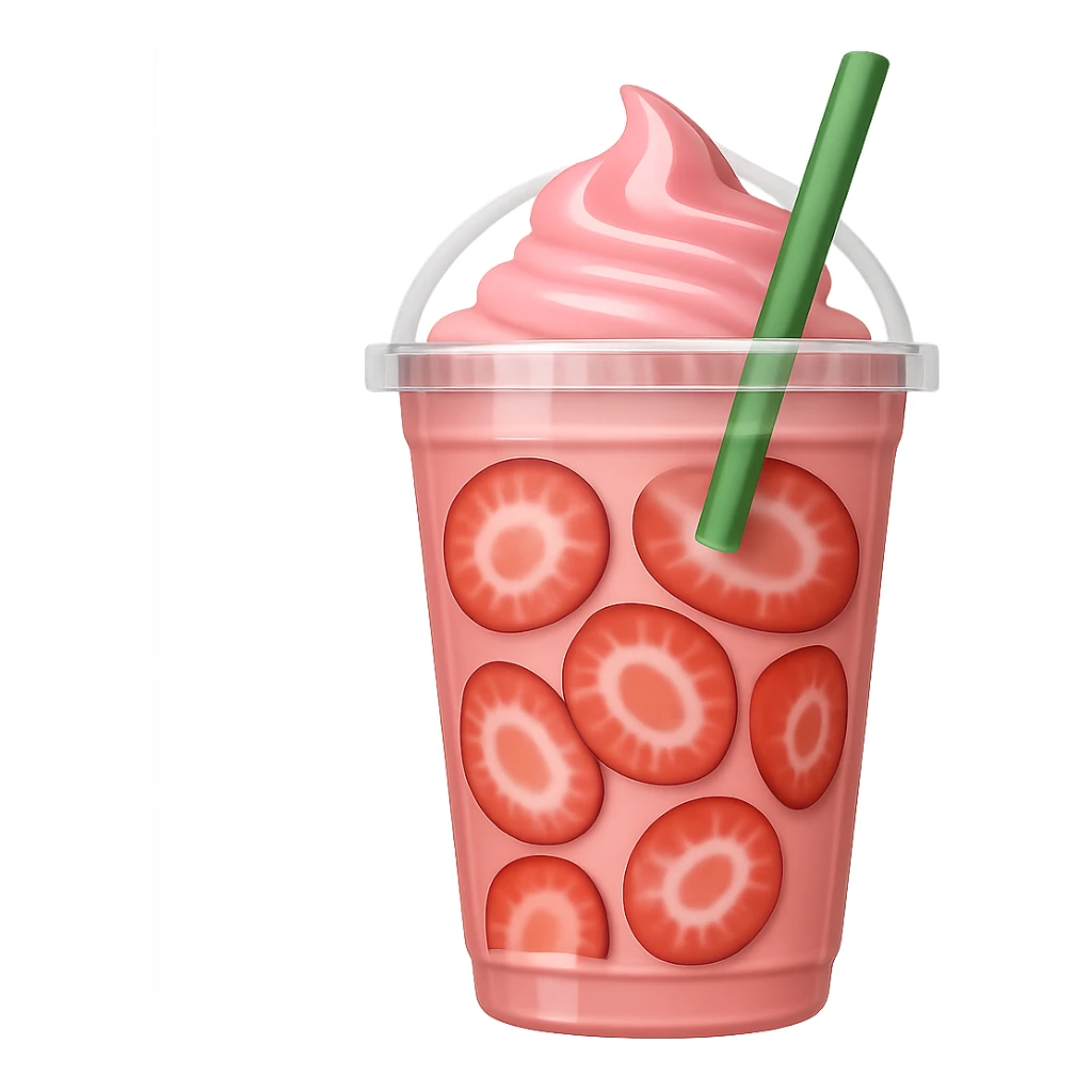 Show the strawberries inside the drink as thinly sliced pieces, keep the light pink Starbucks drink in a clear cup with green straw, in emoji style with no background. sticker