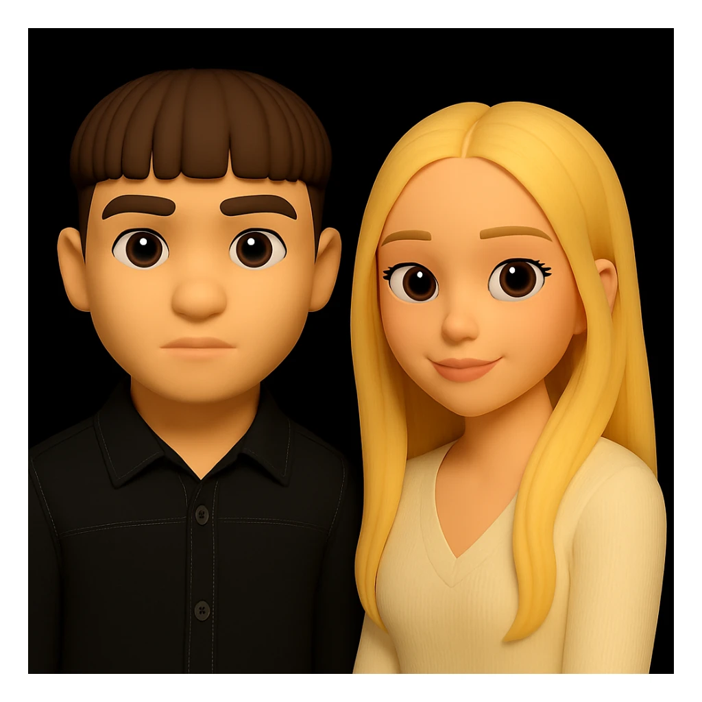 Increase the free space between the guy and the girl, separating them more from each other, while preserving the 3d-emoji style and keeping everything else unchanged. sticker