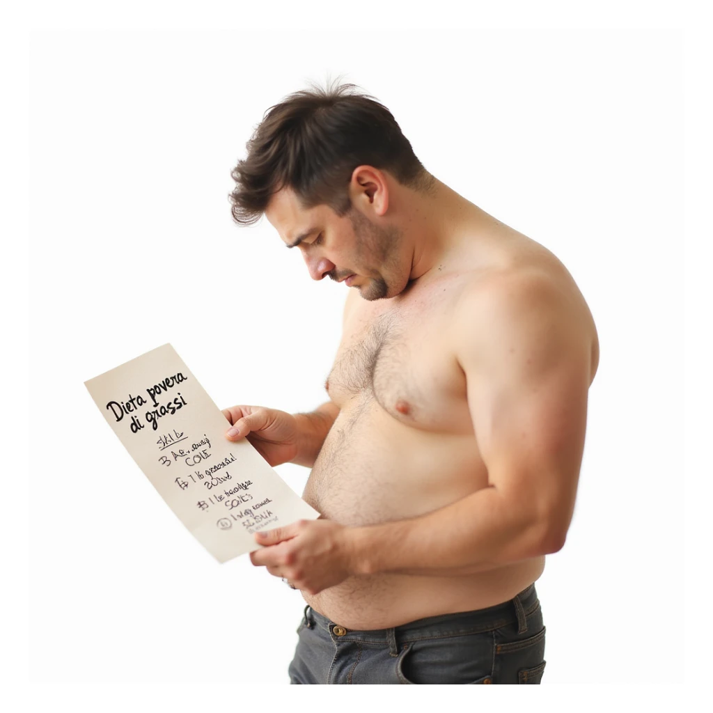 realistic man with untoned body and slumped posture holding a shopping list highlighting only lean foods and no healthy fats, attention symbols near skin and hair, Italian caption: 'Dieta povera di grassi: rischio per salute ed estetica', isolated on white background sticker