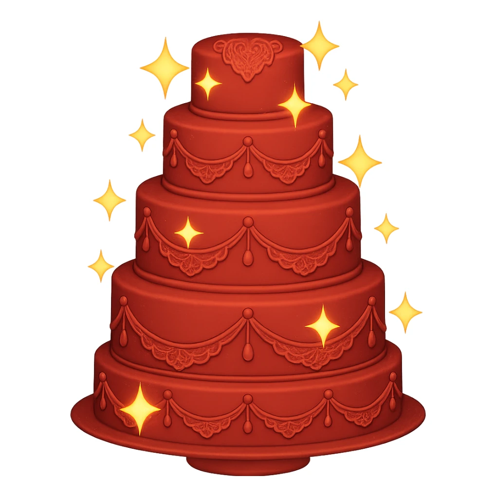 Add a sparkle effect to the elegant red wedding cake with lace details. Keep the background transparent. The style should resemble emoji style with bright colors and simple shapes. sticker