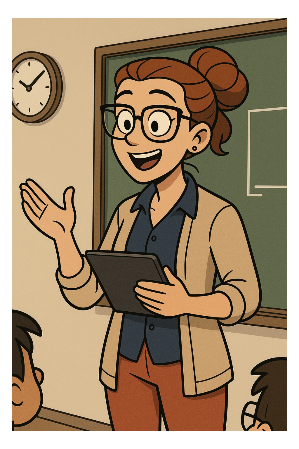 modern female teacher with glasses, using a tablet, casual but smart attire, engaging with students, cartoon style sticker