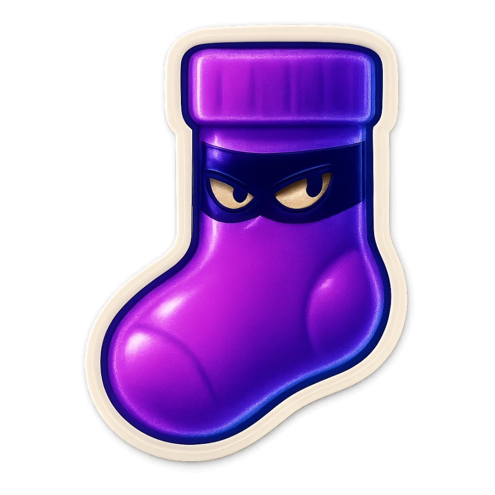 A neon-purple sock with a lurking face, wearing a spy mask, representing lurking or stealth. sticker