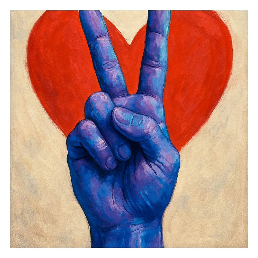 realistic hand making a peace sign, mostly purple and blue, with a red heart in the background, gpt-image style sticker