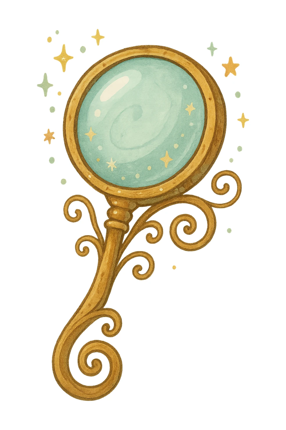 A whimsical magnifying glass with a playful, magical design, curly or ornate handle, slightly oversized lens, lighthearted and charming look sticker