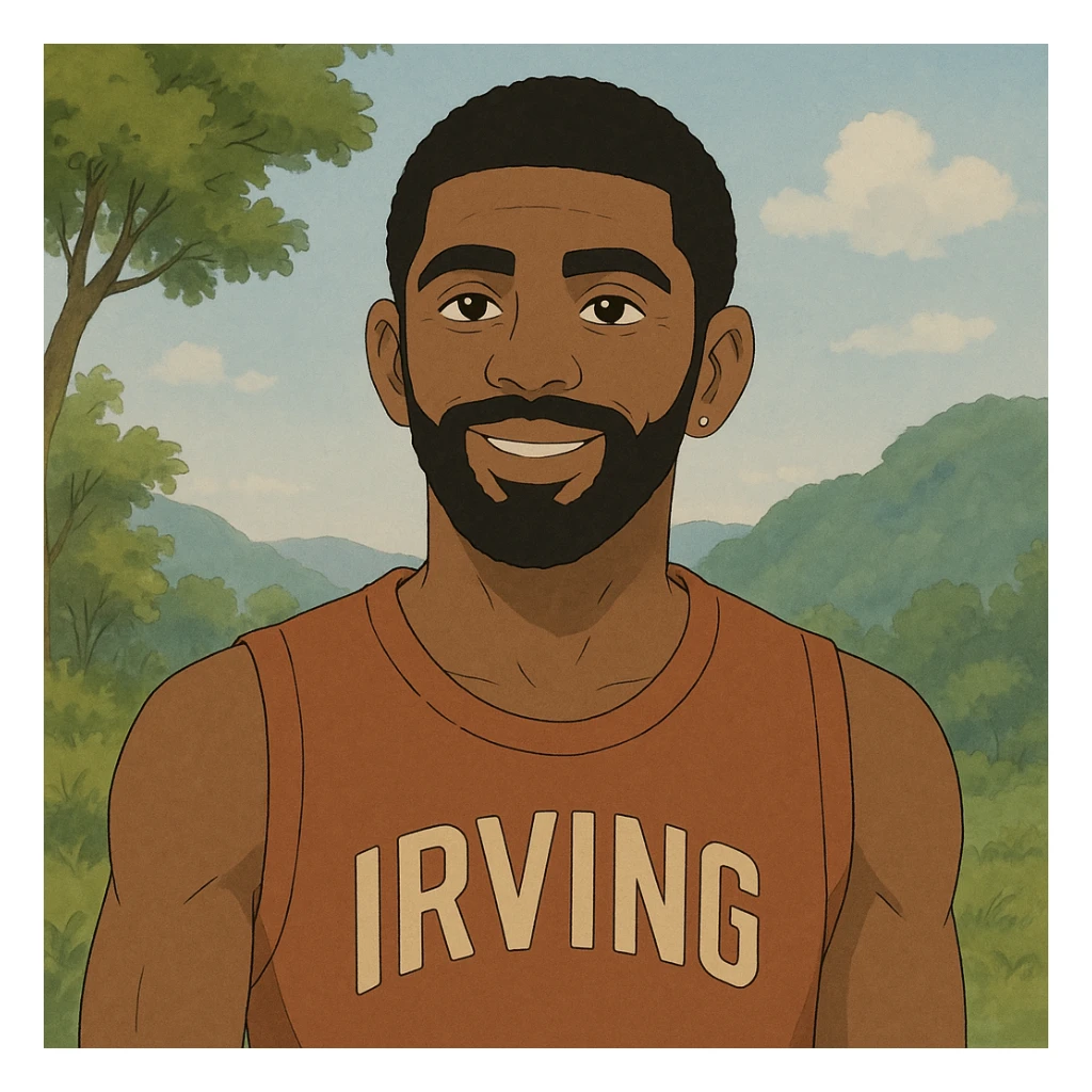 Kyrie Irving in Ghibli style, outdoors, subtle background sticker