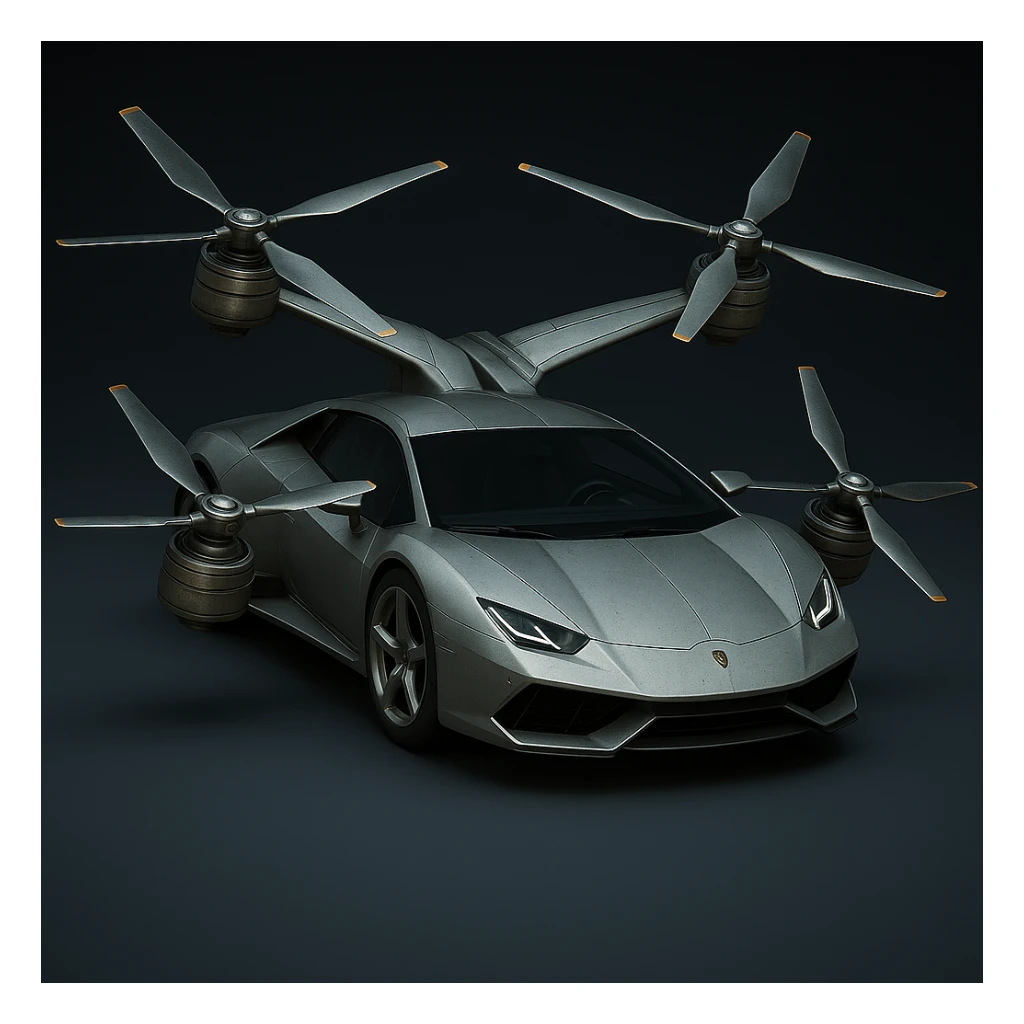 Redesign the flying car in the reference image to be lower and sleeker with proportions similar to a Lamborghini. Keep two wings on top, two on the sides, propellers on all wings, wheels, and a metallic finish. Maintain a photorealistic style for the redesign. sticker